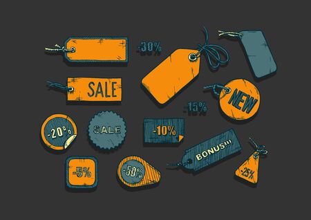 Vector illustration of sale labels set stylized as engraving  on black background.のイラスト素材