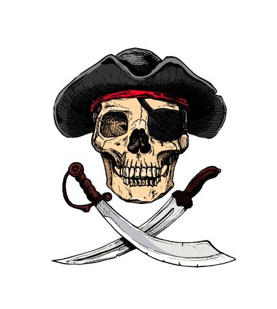 Vector illustration of  pirate skull with  two cross swords in ink hand drawn style.のイラスト素材