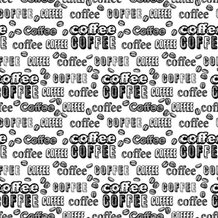 Seamless doodle coffee pattern with text on white background.のイラスト素材