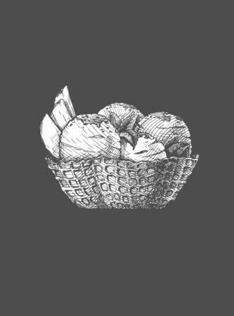 Vector hand drawn illustration of Ice Cream served in waffle bowl. In vintage engraved style. Isolated on black background.のイラスト素材