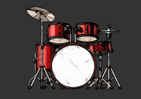 Vector hand drawn illustration of drum kit. isolated on whiteのイラスト素材