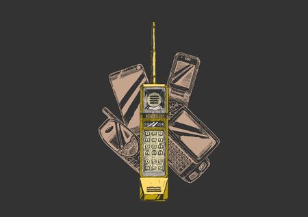 Brick phone. Vector hand drawn illustration of mobile telephone evolution in vintage engraved style.のイラスト素材