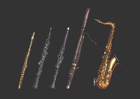 Vector hand drawn set of woodwind musical instruments.  Flute,  oboe, clarinet, bassoon and...