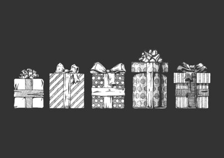 set of different gift boxes. Vector illustration in ink hand drawn style on black background. のイラスト素材