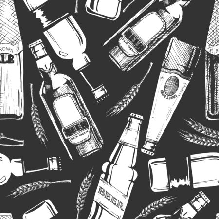 Vector seamless pattern with different beer bottles. illustration background in ink hand drawn style.のイラスト素材