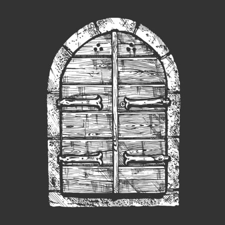 Vector illustration set of hand drawn middle age vintage door. Isolated on black backgroundのイラスト素材