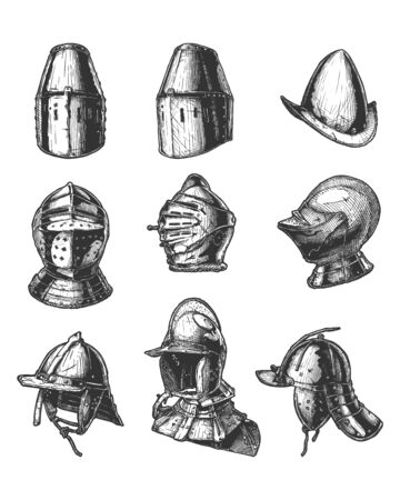 Set of Battle Helmets for knights: Great helm, Morion, Maximilian, Armet, Lobster-tailed pot, Szyszak and Burgonet helmet with Gorget. Vector hand drawn illustration in vintage engraved style. Isolated on white background.のイラスト素材