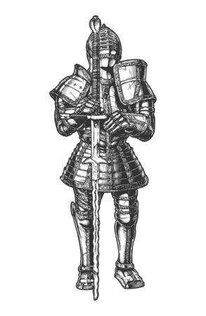Vector hand drawn illustration of Medieval knight in plate armour (maximilian type) in vintage engraved style. Isolated on white background.のイラスト素材