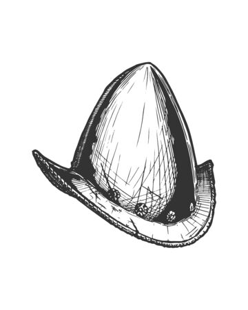 Vector hand drawn illustration of Spanish Morion (or Cabasset) in vintage engraved style. Isolated on white background.のイラスト素材