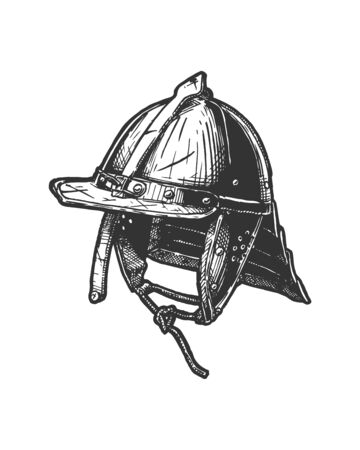 Lobster-tailed pot helmet with single sliding nasal bar and fixed peak to protect the face. Vector hand drawn illustration in vintage engraved style. Isolated on white background.のイラスト素材
