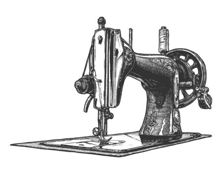 Vector hand drawn illustration of the vintage sewing machine. isolated on white background. のイラスト素材