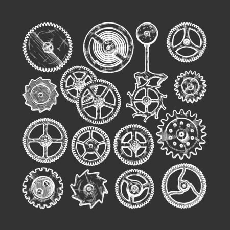 Vector ink hand drawn set of gear wheels. Black and white illustration. isolated on black.のイラスト素材