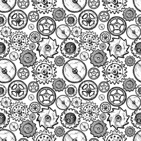 Vector seamless pattern with different gears and clockwork elements. illustration background in ink hand drawn style.のイラスト素材