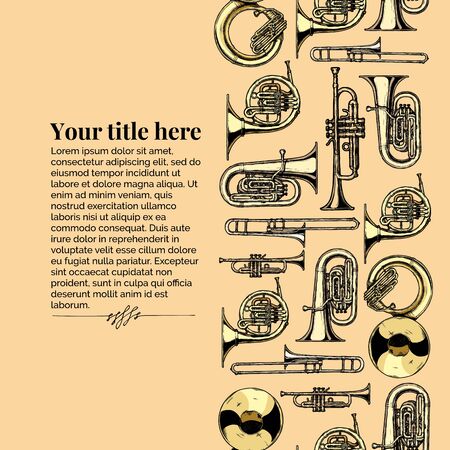 Vector vintage engraving template with brass musical instrument. Seamless pattern stripe. Place for your text.のイラスト素材
