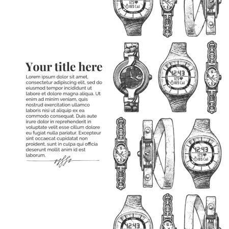 Vector vintage engraving template with watches seamless pattern stripe. Place for your text. illustration in old fashioned etched style on white background.のイラスト素材