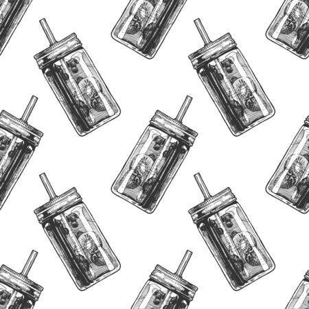 Seamless pattern with lemonade in mason jar in vintage engraved style. On white background.のイラスト素材