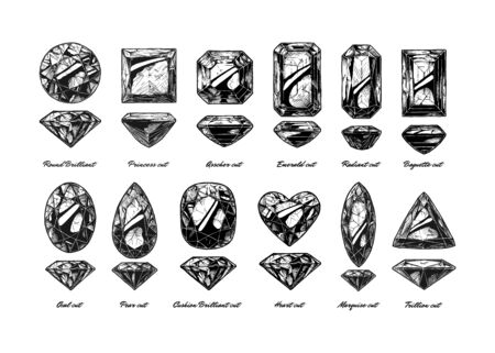 Vector hand drawn illustration of different diamond cuts and shapes: Round Brilliant, Princess cut, Emerald, Heart, Oval, Asscher, Pear, Cushion, Marquise, Radiant, Trillion and Baguette. Isolated on white background. のイラスト素材