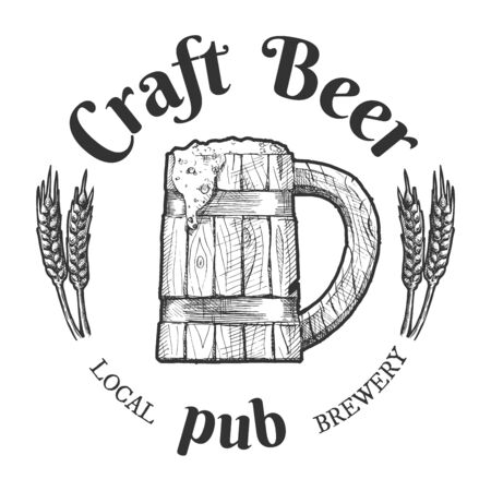 Craft beer pub vintage label. Local brewery emblem. Fresh brewed alcoholic drink with foam in wooden pint mug and wheat ears dÃ©cor.のイラスト素材