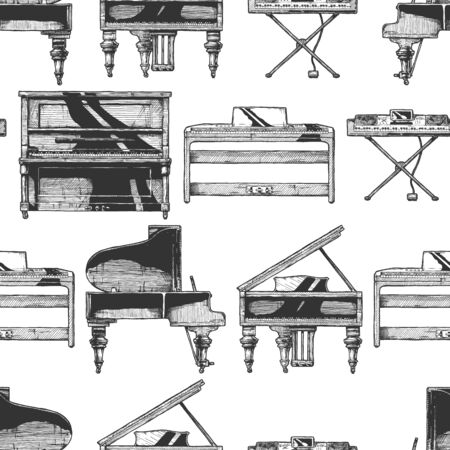 Seamless pattern with Grand Piano, Upright (vertical), digital pianos and electronic keyboard. Vintage engraved style. Isolated on white background.のイラスト素材