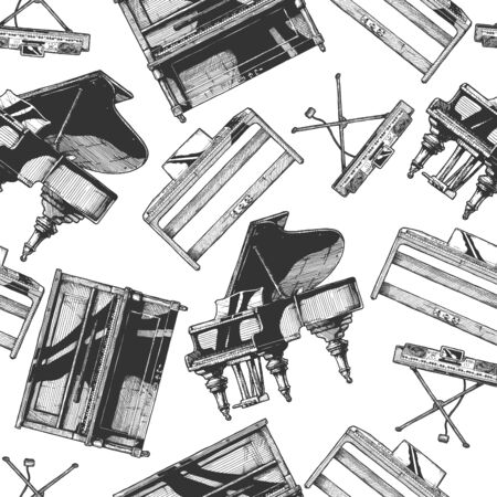 Seamless pattern with Grand Piano, Upright (vertical), digital pianos and electronic keyboard. Vintage engraved style. Isolated on white background.のイラスト素材