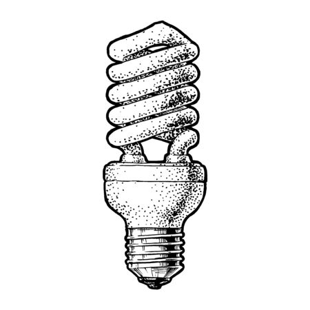 Vector hand drawn illustration of Energy saving lamp in vintage engraved style. Isolated on white background.のイラスト素材