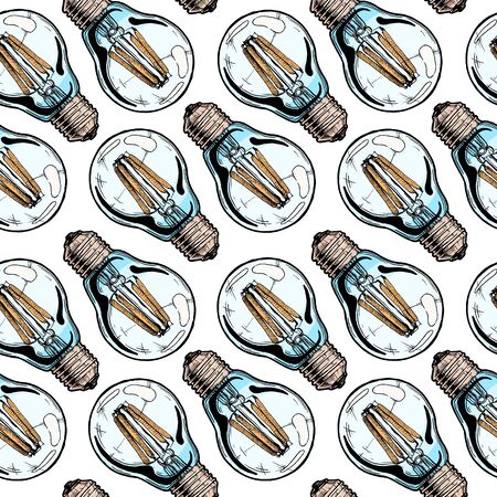 Seamless pattern with light bulb. Vector illustration background in ink hand drawn style on white background.  のイラスト素材