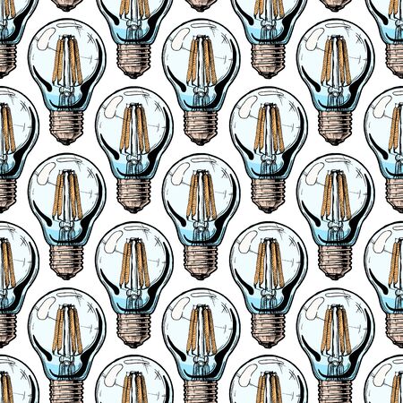 Seamless pattern with light bulb. Vector illustration background in ink hand drawn style on white background.  のイラスト素材