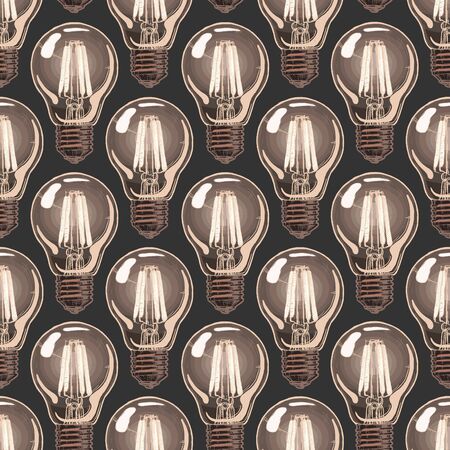 Seamless pattern with incandescent light bulbs. Vector illustration background in ink hand drawn style on black background.のイラスト素材