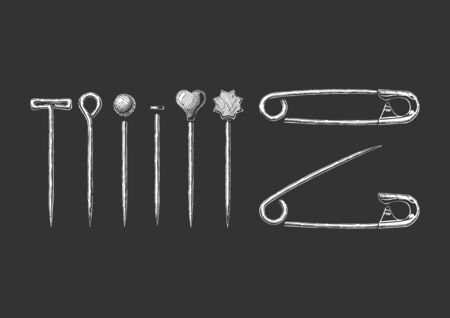 Vector black-and-white hand drawn illustration in vintage engraved style of different sewing pins. T-pin, hook-head, ball-point, silk, flat plastic head and safety pin.のイラスト素材