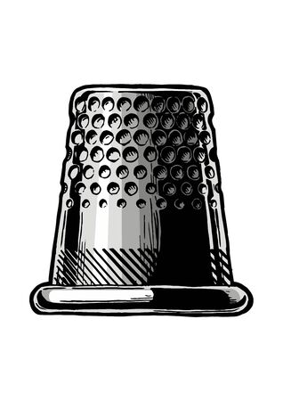 Vector black-and-white hand drawn illustration of thimble in vintage engraved style. Side view. isolated on white background. のイラスト素材