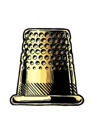 Vector black-and-white hand drawn illustration of thimble in vintage engraved style. Side view. isolated on white background. のイラスト素材