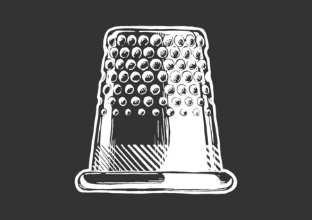 Vector black-and-white hand drawn illustration of thimble in vintage engraved style. Side view. isolated on black background. のイラスト素材