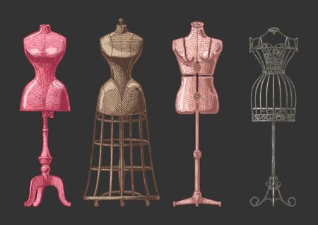 Vector hand drawn illustration of mannequins set in vintage engraved style. Old fashion dummy, dress-stand with bustle, adjustable dress form, frame mannequin. isolated on black background. front view.のイラスト素材