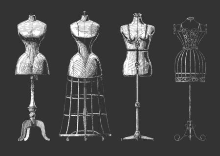 Vector hand drawn illustration of mannequins set in vintage engraved style. Old fashion dummy, dress-stand with bustle, adjustable dress form, frame mannequin. isolated on black background. front view.のイラスト素材
