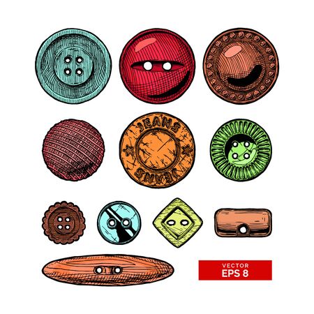 Vector hand drawn illustration of clothes buttons set in vintage engraved style. Shank, flat or sew through, jeans button and others. isolated on white background. のイラスト素材