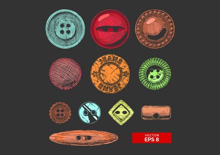 Vector hand drawn illustration of clothes buttons set in vintage engraved style. Shank, flat or sew through, jeans button and others. isolated on black background. のイラスト素材