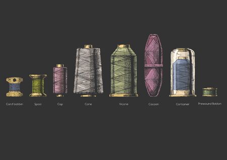 Vector hand drawn illustration of sewing thread bobbins types in vintage engraved style. isolated on black background. Side view.のイラスト素材