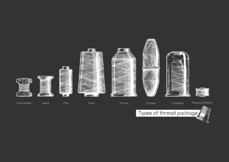 Vector black-and-white hand drawn illustration of sewing thread bobbins types in vintage engraved style. isolated on black background. Side view.のイラスト素材