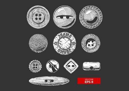 Vector black-and-white hand drawn illustration of clothes buttons set in vintage engraved style. Shank, flat or sew through, jeans button and others. isolated on black background. のイラスト素材
