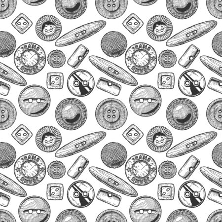 Seamless pattern with  different sewing button. Vector illustration in vintage engraved style.のイラスト素材