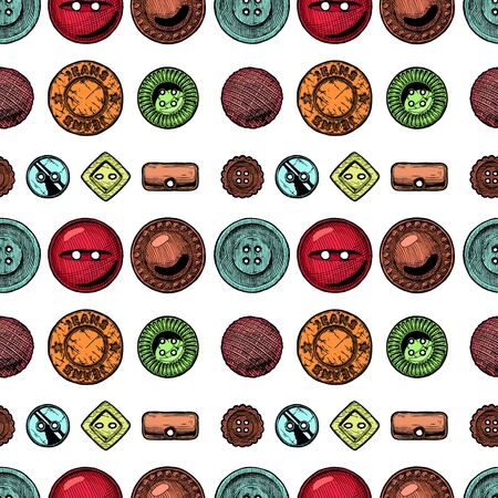 Seamless pattern with  different sewing button. Vector illustration in vintage engraved style.のイラスト素材