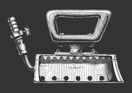 Vector hand drawn illustration of retro clothes iron, gas smoothing. Isolated on black background. Side view.のイラスト素材