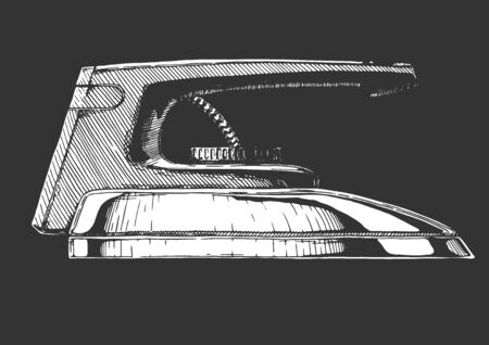 Vector hand drawn illustration of retro clothes iron in vintage engraved style. Isolated on black background. Side view.のイラスト素材