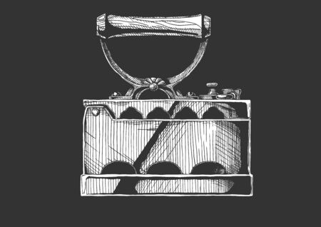 Vintage Ñlothes iron. Vector hand drawn illustration of charcoal iron. Isolated on black background. Side view.のイラスト素材