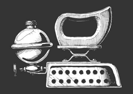 Vintage Ñlothes iron. Vector hand drawn illustration of petrol iron. Isolated on black background. Side view.のイラスト素材