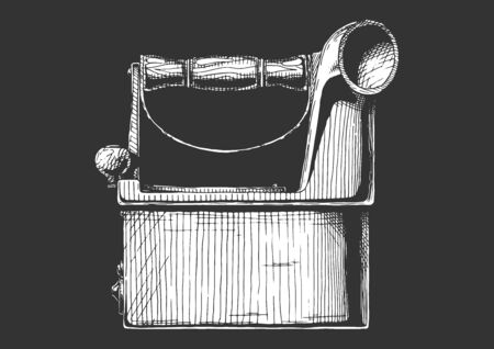 Vintage Ñlothes iron. Vector hand drawn illustration of charcoal iron with chimney. Isolated on black background. Side view.のイラスト素材