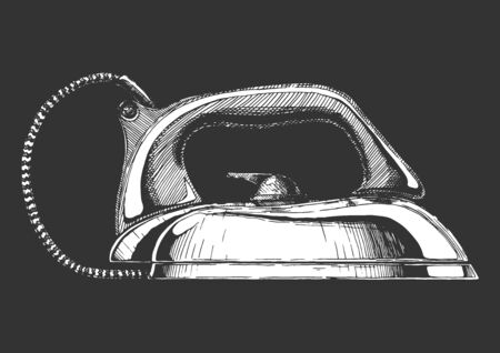 Vector hand drawn illustration of retro clothes iron. Vintage electrical. Isolated on black background. Side view.のイラスト素材