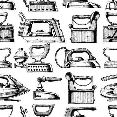 Seamless pattern with different clothes iron. Vector illustration in vintage engraved style.のイラスト素材