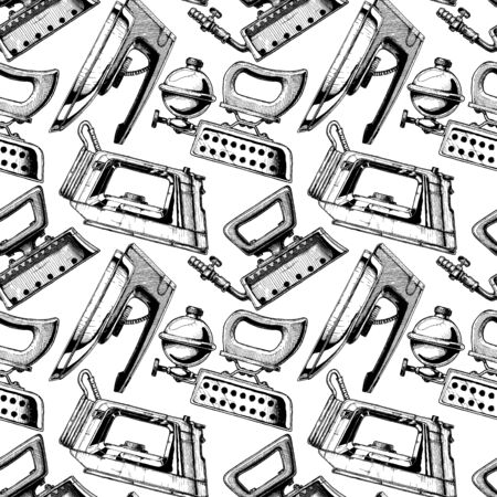 Seamless pattern with different clothes iron. Vector illustration in vintage engraved style.のイラスト素材