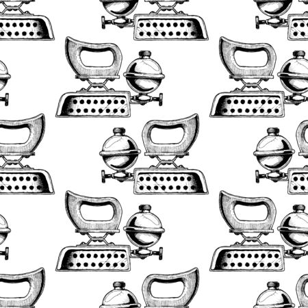Seamless pattern with different clothes iron. Vector illustration in vintage engraved style.のイラスト素材